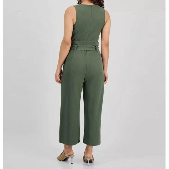 Bar III Petite Women's Sleeveless Crewneck Tie-Waist Jumpsuit Olive Green P/S - Picture 2 of 8